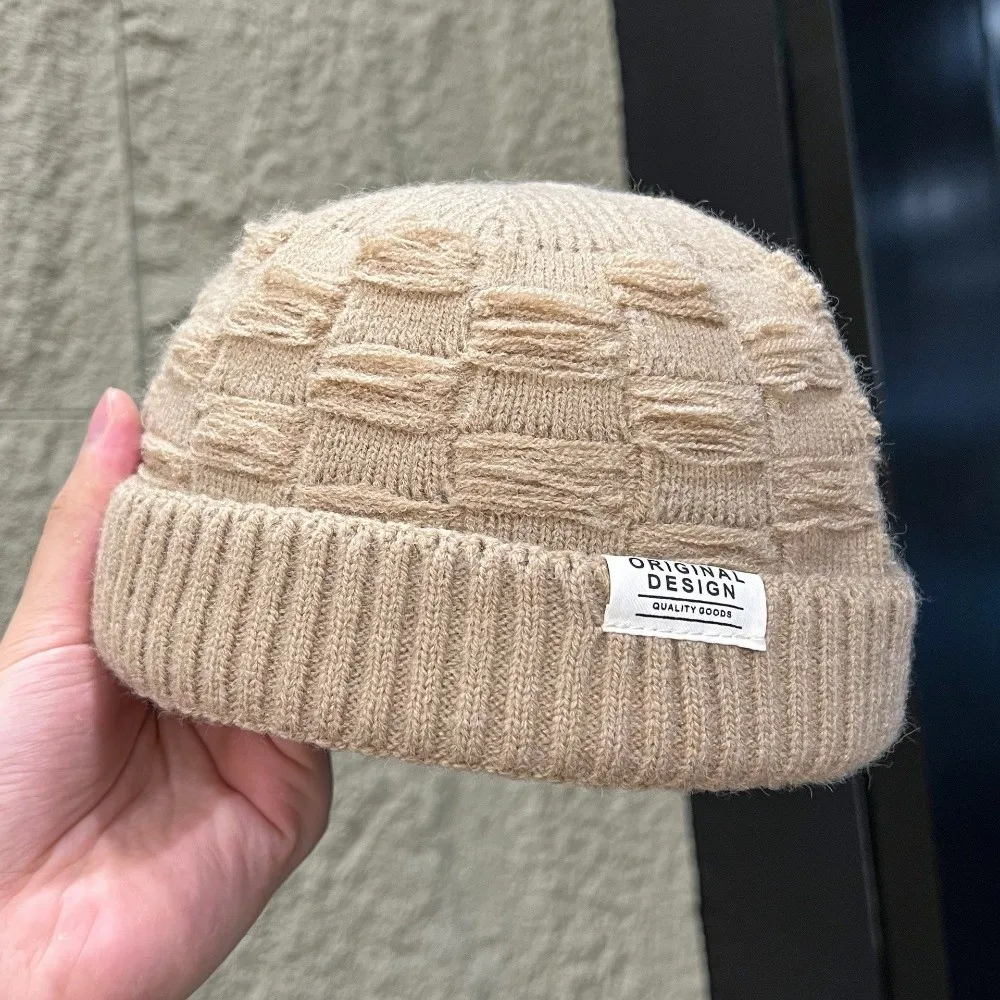 Unisex Thick Knitted Beanie Cap Solid Color Windproof Docker Cap Soft Winter Warm Cuff Trawler Hat