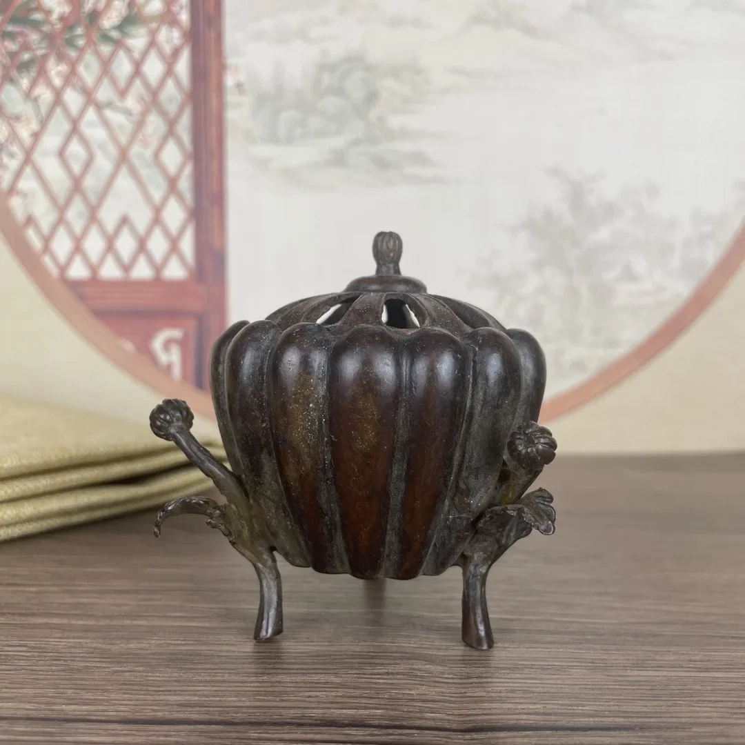 Chinese Antique Copper Tripod Pumpkin Small Incense Burner Decoration Crafts