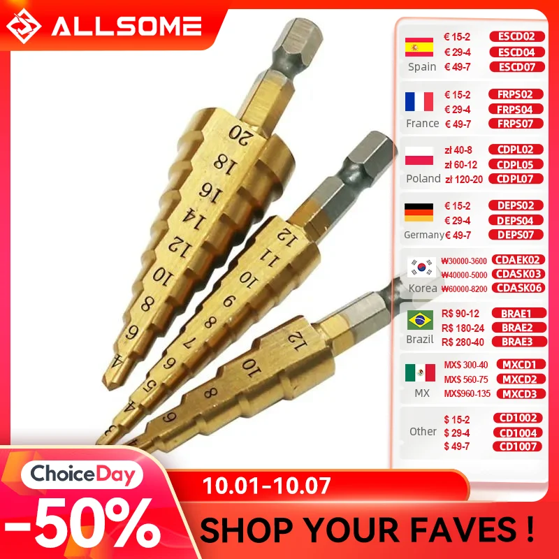 

ALLSOME Step Drill Bit 3-12mm 4-12mm 4-20mm HSS Straight Groove Titanium Coated Wood Metal Hole Cutter Drilling Power Tools Set