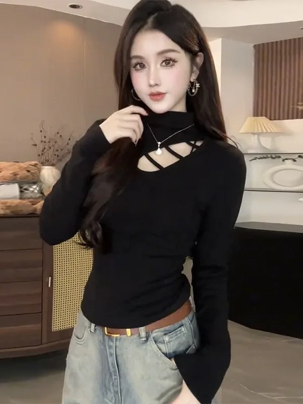 

Женская футболка больших размеров Long Sve Fce на подкладке, повседневная футболка с высоким воротником, осень-зима, новый дизайн, базовый топ