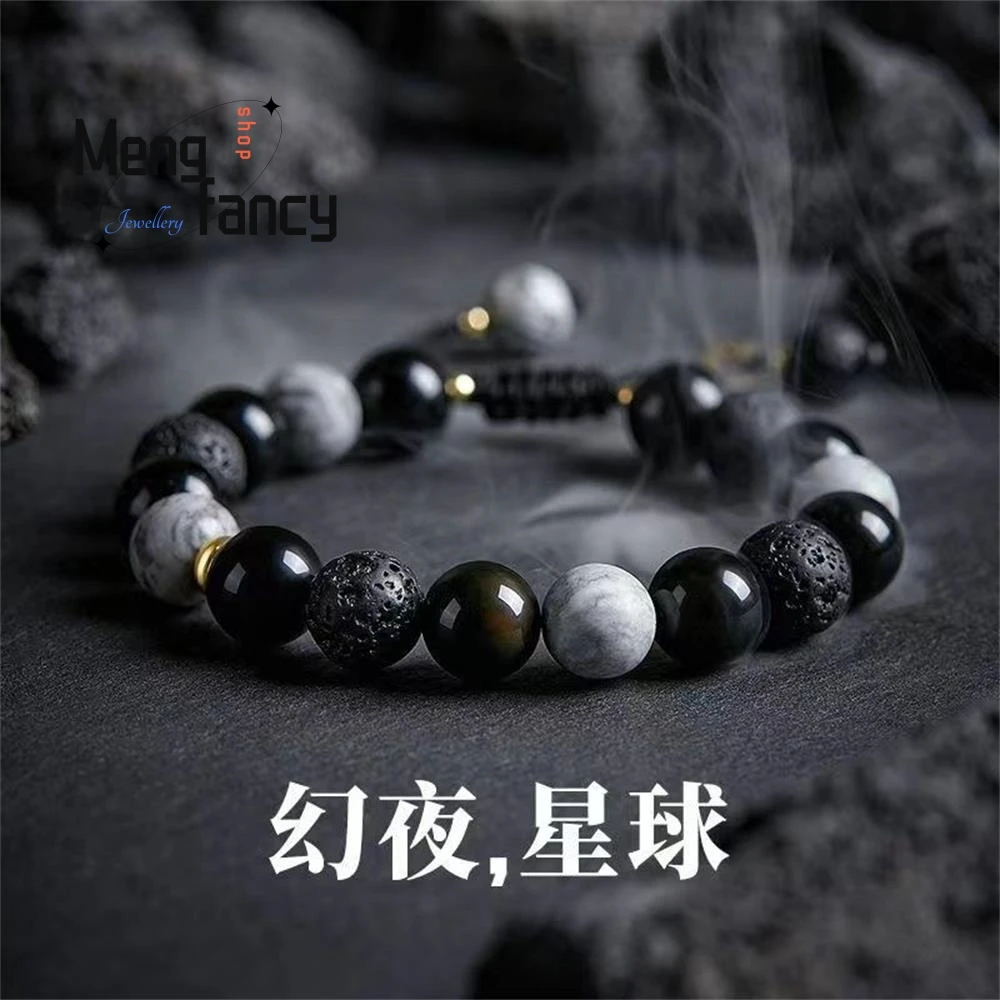 Men's Vintage Volcanic Stone Beads Bracelet, Natural Lava Stone Beaded Chain, Boho Celestial Luxury Jewelry Unique Handmade Gift