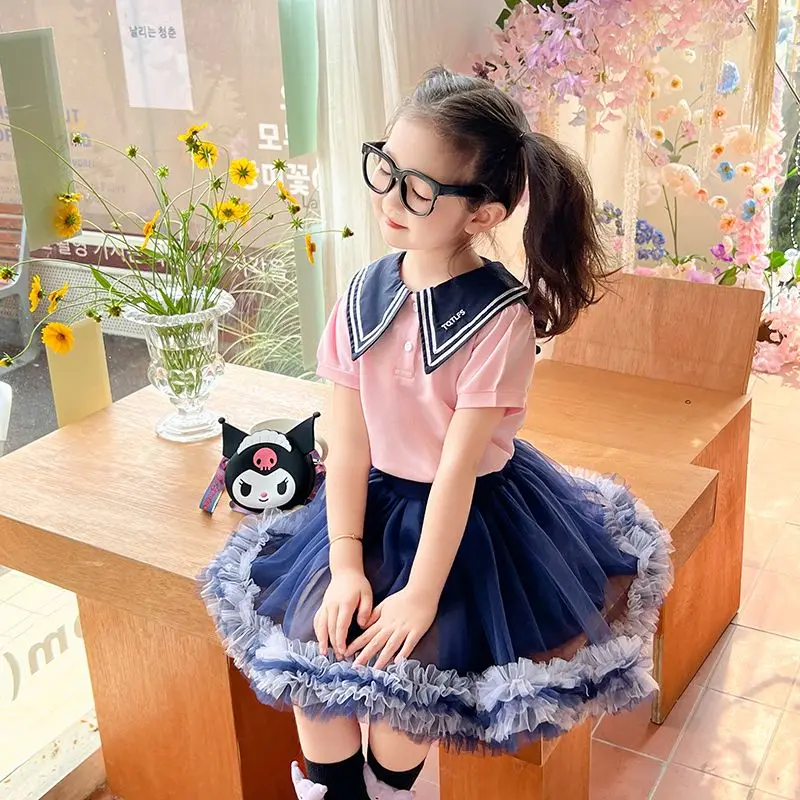 Girls Jk Suit Cartoon Kuromi Children Short Sleeve Pleated Skirt Two Piece Set Summer Preppy Style Uniform Suit Fashion Dress