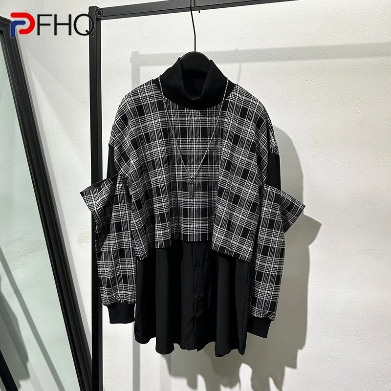 

PFHQ Men's Fake Two-piece Patchwork Plaid Sweater Niche Bat Sleeve Delicacy Haute Quality Motorcycle Pullovers Autumn 21Z2943