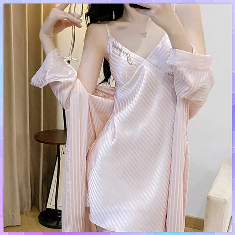 

Sexy Lingerie Twinset Robe Women's Nightgown Pajamas Set Pink Stripe Nighty&Bathrobe Lady Spring Summer Homewear Nightdress