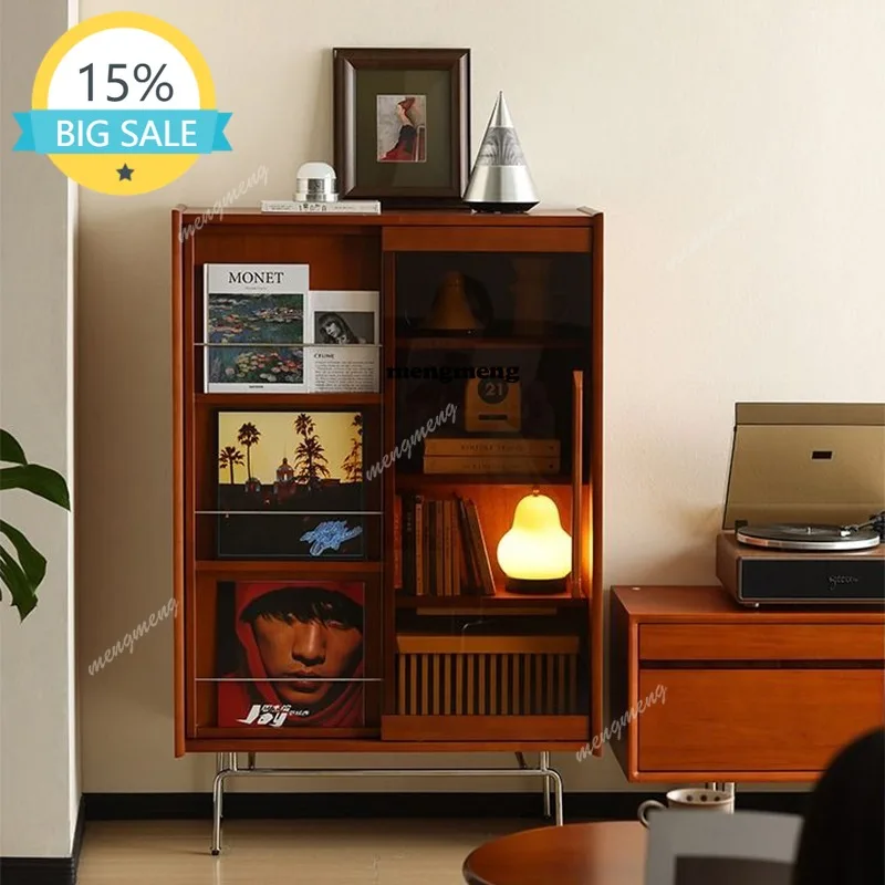Nordic Solid Wood Bookcase French Retro Style Glass Door Bookshelf Display Cabinet Study Magazine Cabinet Home Furniture
