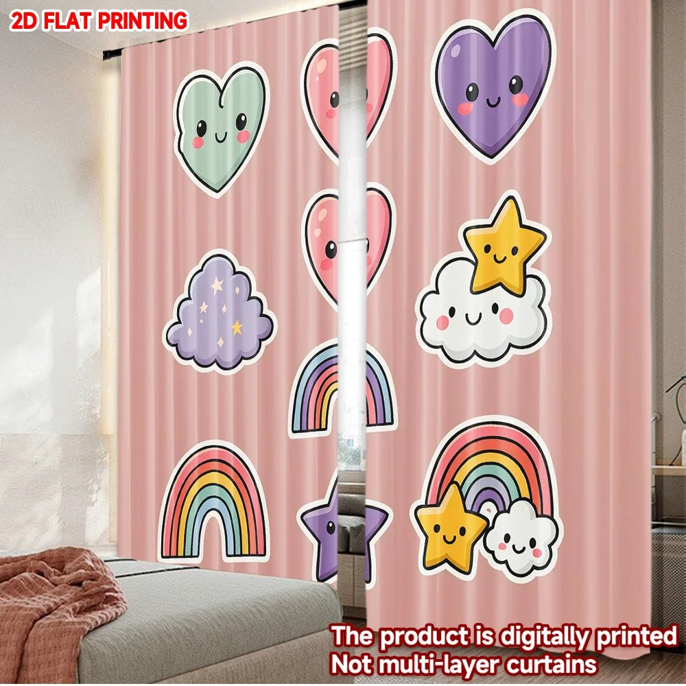 2D flat printing 2pcs Window Treatment Curtains Cute Hearts and Rainbows Digital Printed Polyester Drapes Holiday Decorations