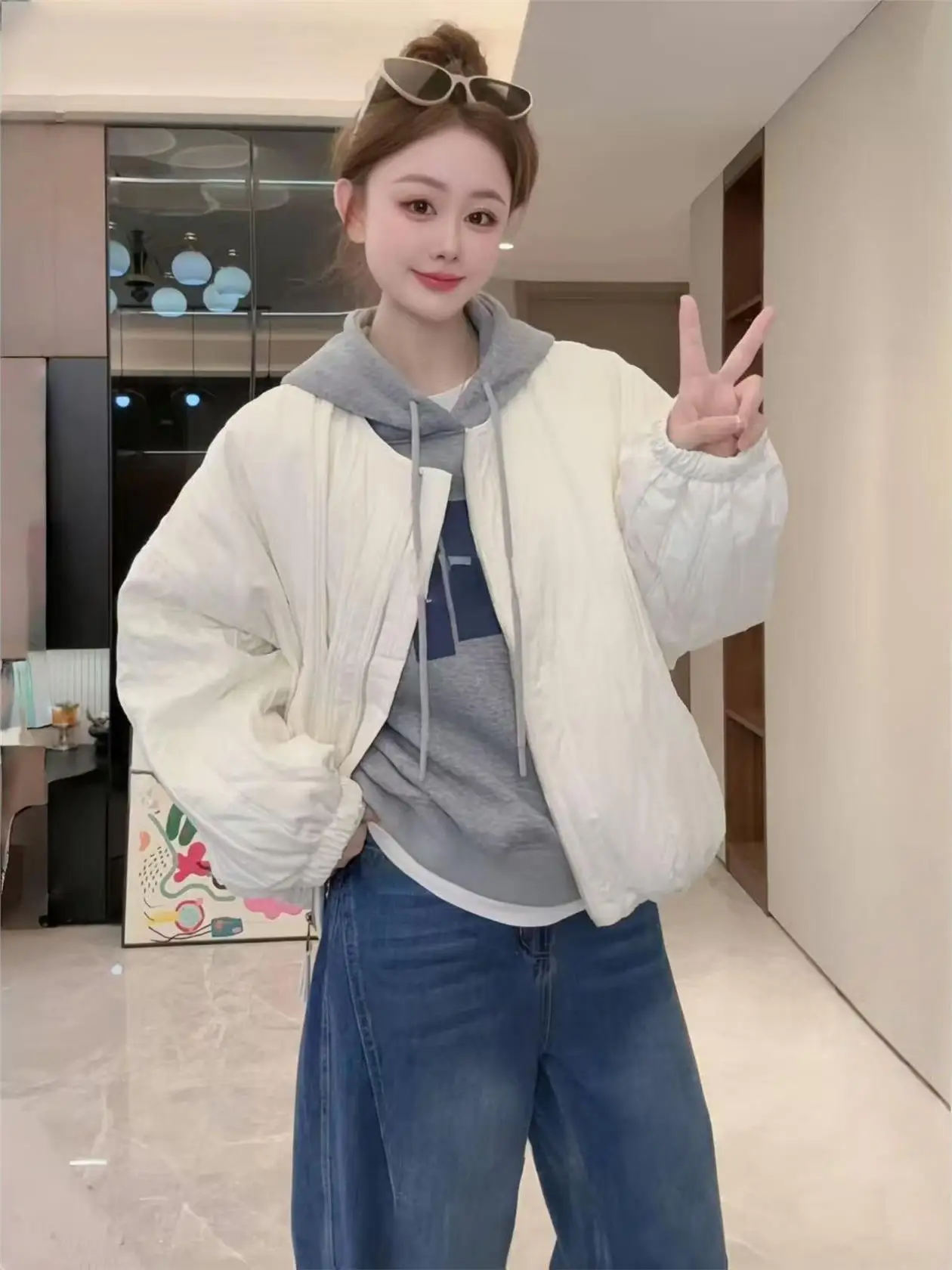 

Легкая короткая хлопковая куртка женская свободного кроя с круглым вырезом, стеганая, с узором, универсальная, осенне-зимняя, новый стиль, для повседневной носки, модная