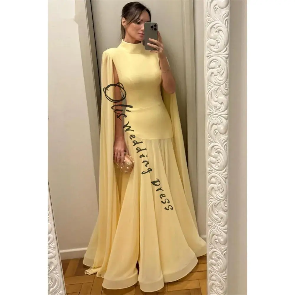 

customized High Neck Customized Yellow Evening Dresses Sleeveless A-Line Prom Dress 2025 Shawl Floor-Length Wedding Party Forma