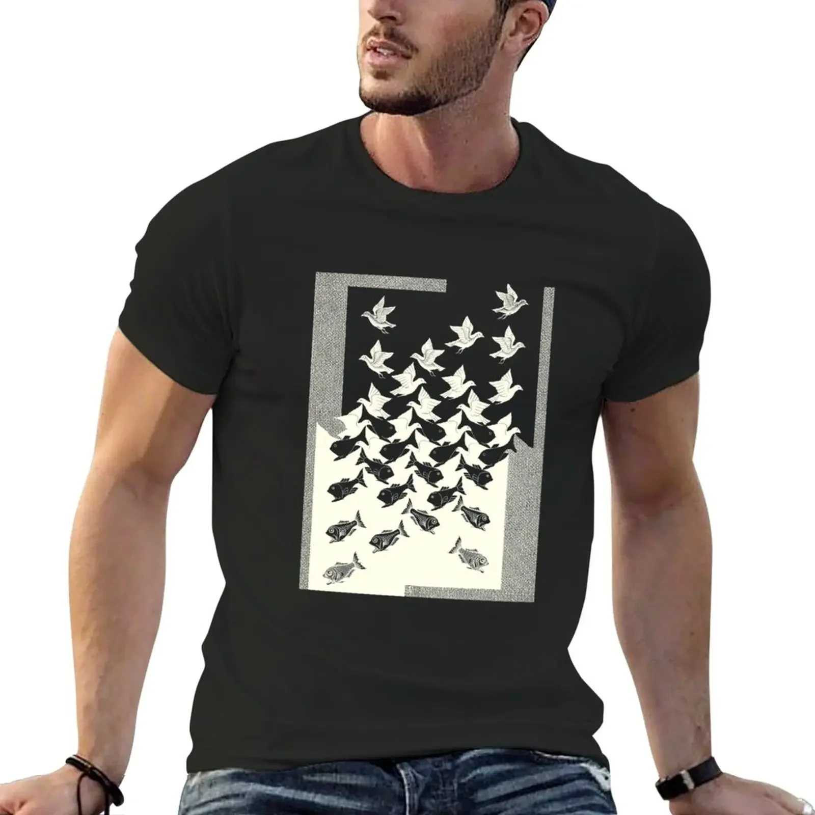 M.C. Escher - Sky And Water II, 1938 [Dark Background] T-Shirt vintage quick-drying mens champion t shirts