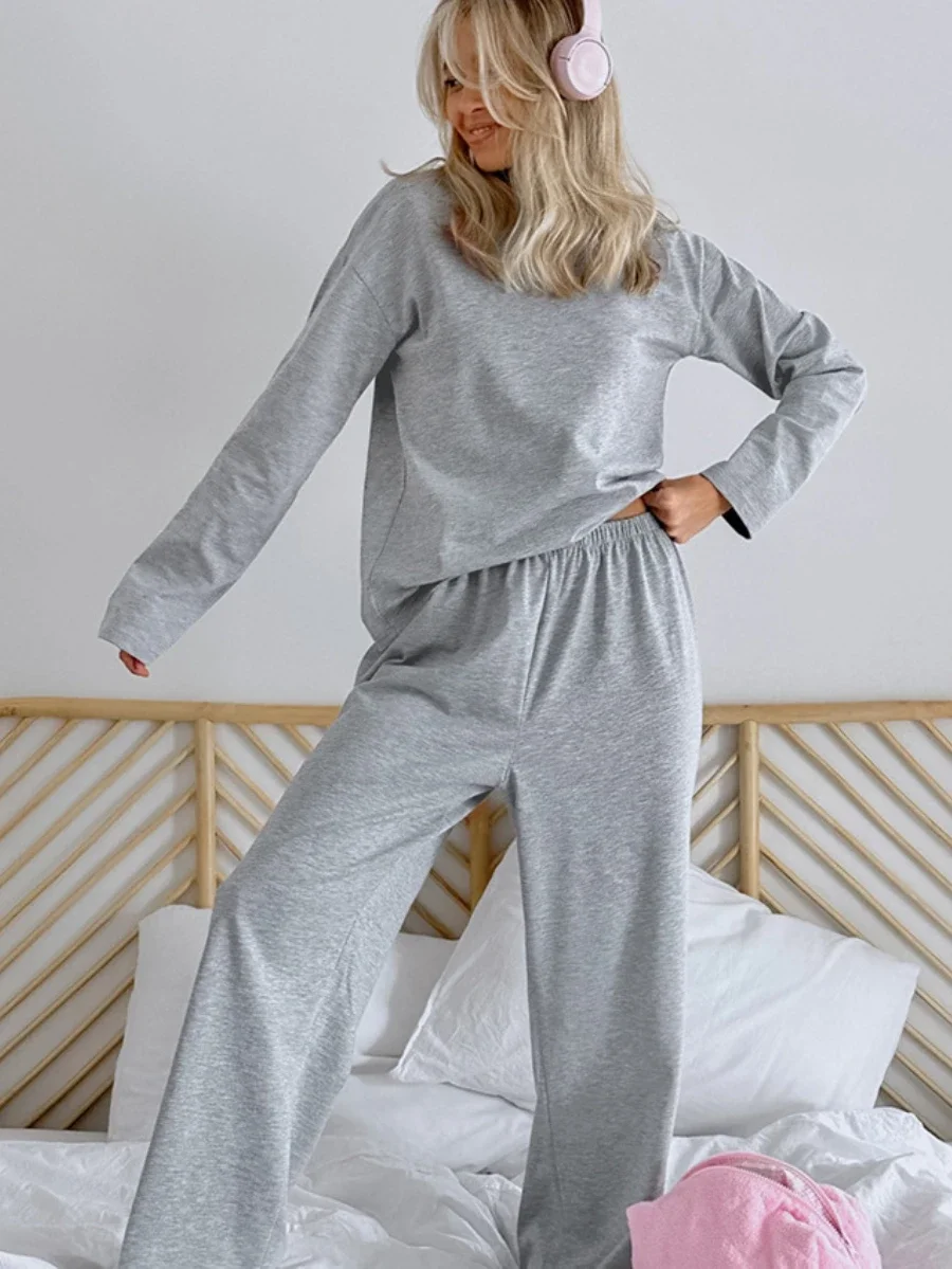 Mozuleva Casual Round Neck Knitted Home Clothing Fashion Top  Women\'s Solid color Long Sleeved Pants Comfortable Pajama Set