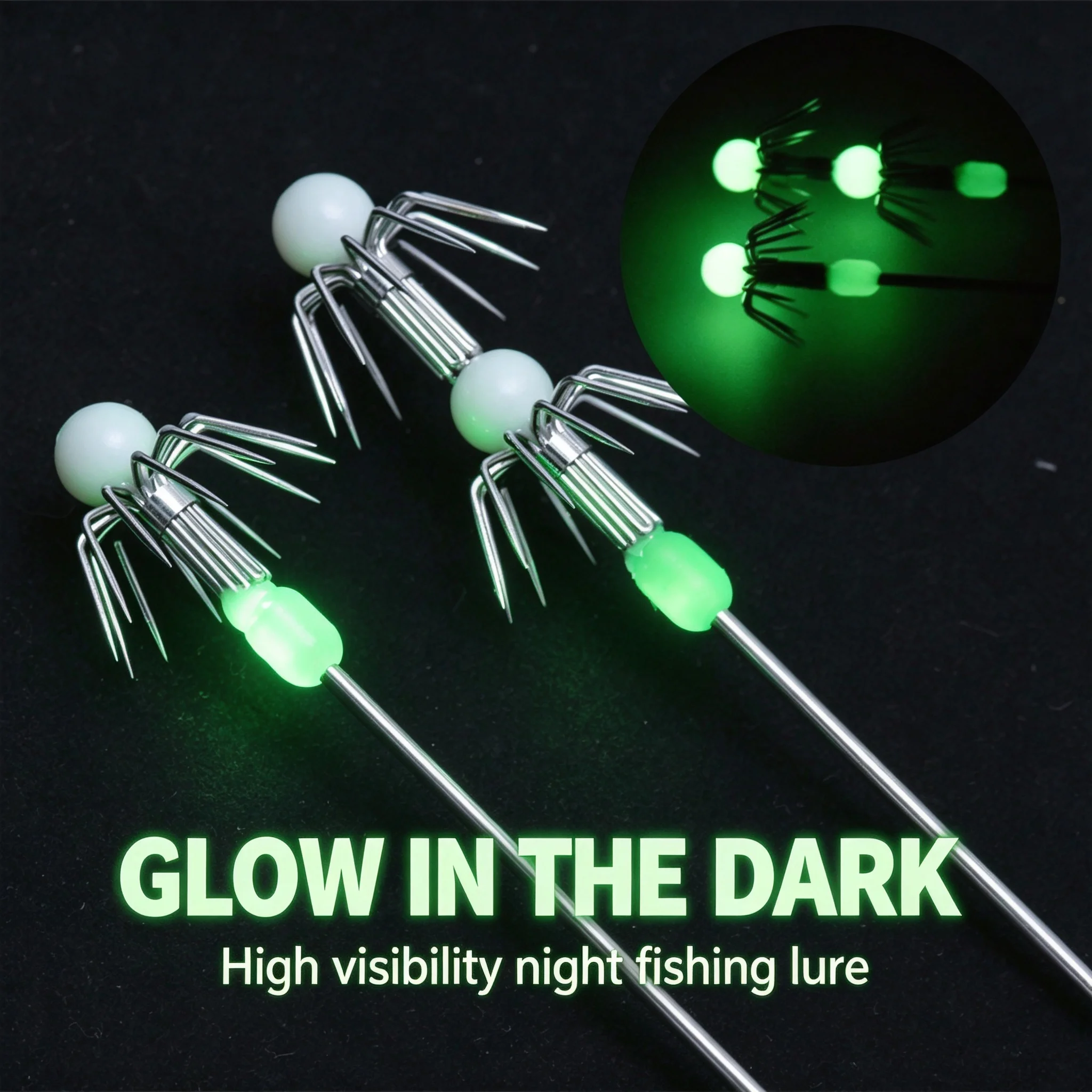 2 Stück im Dunkeln leuchtende Tintenfisch-Angelhaken, gut sichtbare leuchtende Oktopus-Jigs aus Edelstahl mit mehreren Widerhaken.