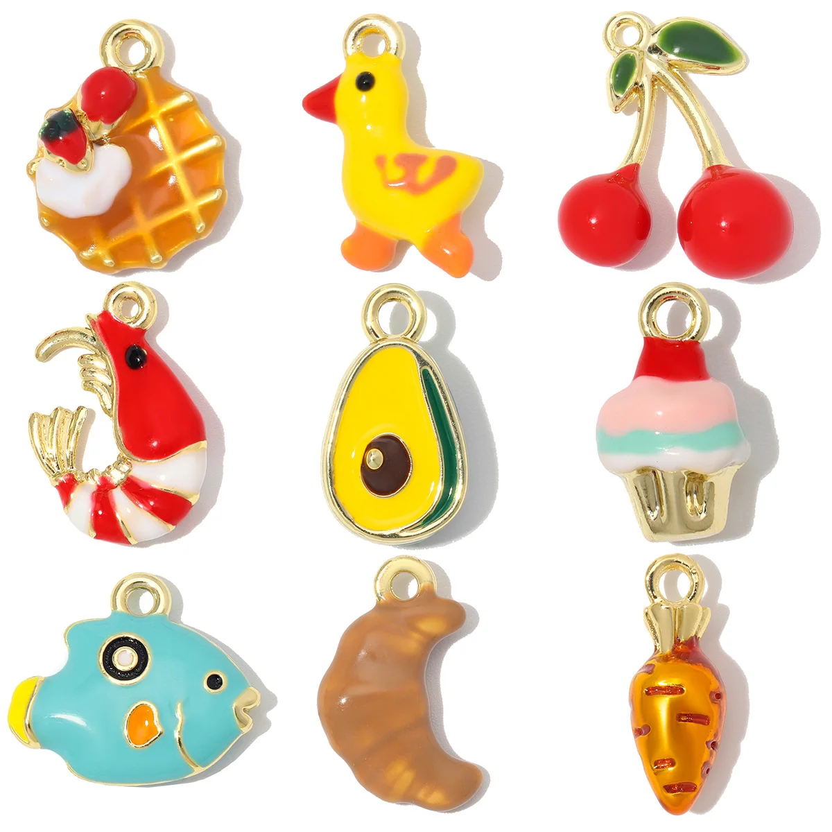 5pcs/lot Enamel Fish Cupcake DIY Bracelet Charm High Polished Avocado Waffle Bread Duck Cherry Earring Pendant Women Jewelry