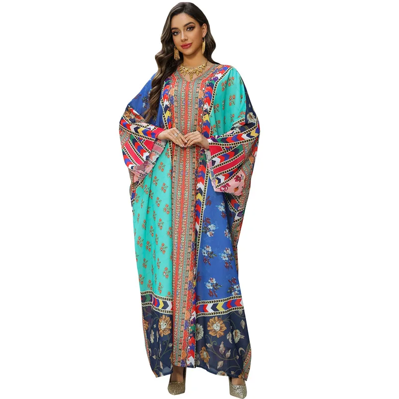 الشرق الأوسط المرأة المطبوعة حجر الراين الدكتور حجم كبير العلوي رداء طويل عبر الحدود جديد Sle الصيف Faion البوليستر