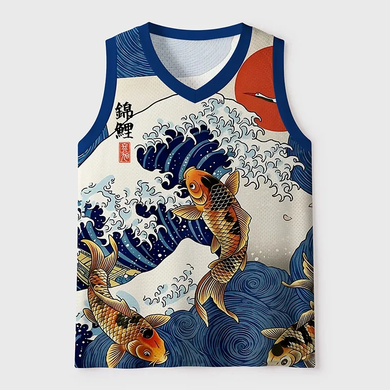 Débardeur respirant col en V Y2K imprimé 3D motif vague Koi édition limitée mode été 2026, collection Parent-Enfant, porte-bonheur et paix