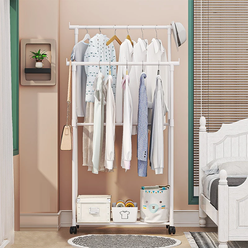 1PC Movable Bedroom Clothes Rack Floor Standing Double Rod Organizer Sheif with Bottom Shelf and Side Hooks for Coat Hat Storage image 2