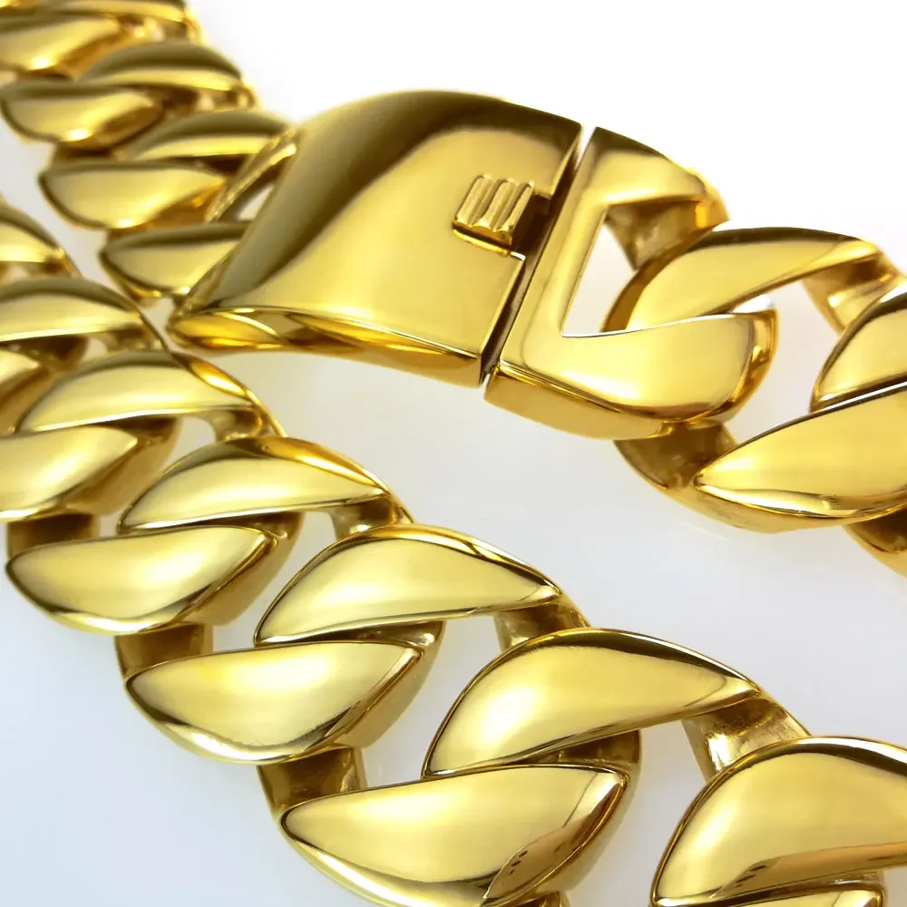 Goldfarbener 316L-Edelstahl, komplett poliert, 31 mm Breite, sehr schwere lange Kette, 40–55 cm, Halskettenschmuck – Detail 2