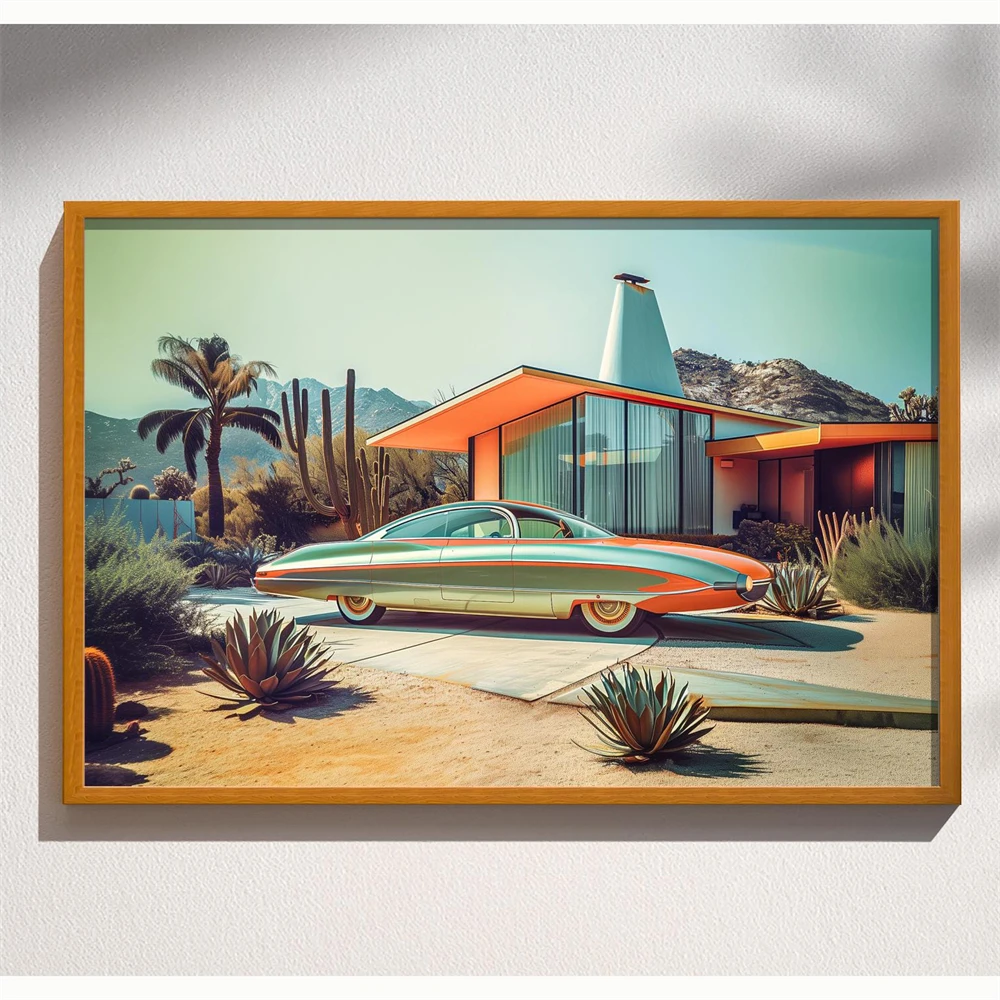 Retro-Futuristic Mid Century Modern Home Sci-fi Fifties Car Palm Springs Photo Prints Space Atomic Age Canvas Painting Decor