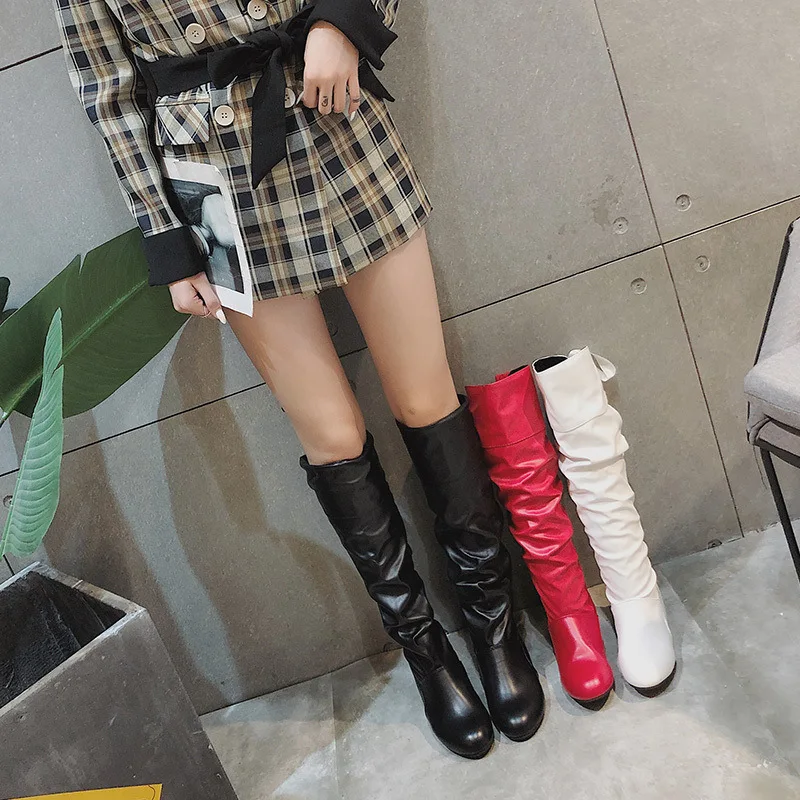 Shoes for Women 2023 Spring Knee High Boots Red Black White Tall Boots Woman Pleated Low Heel Casual Leather Female Long Shoes