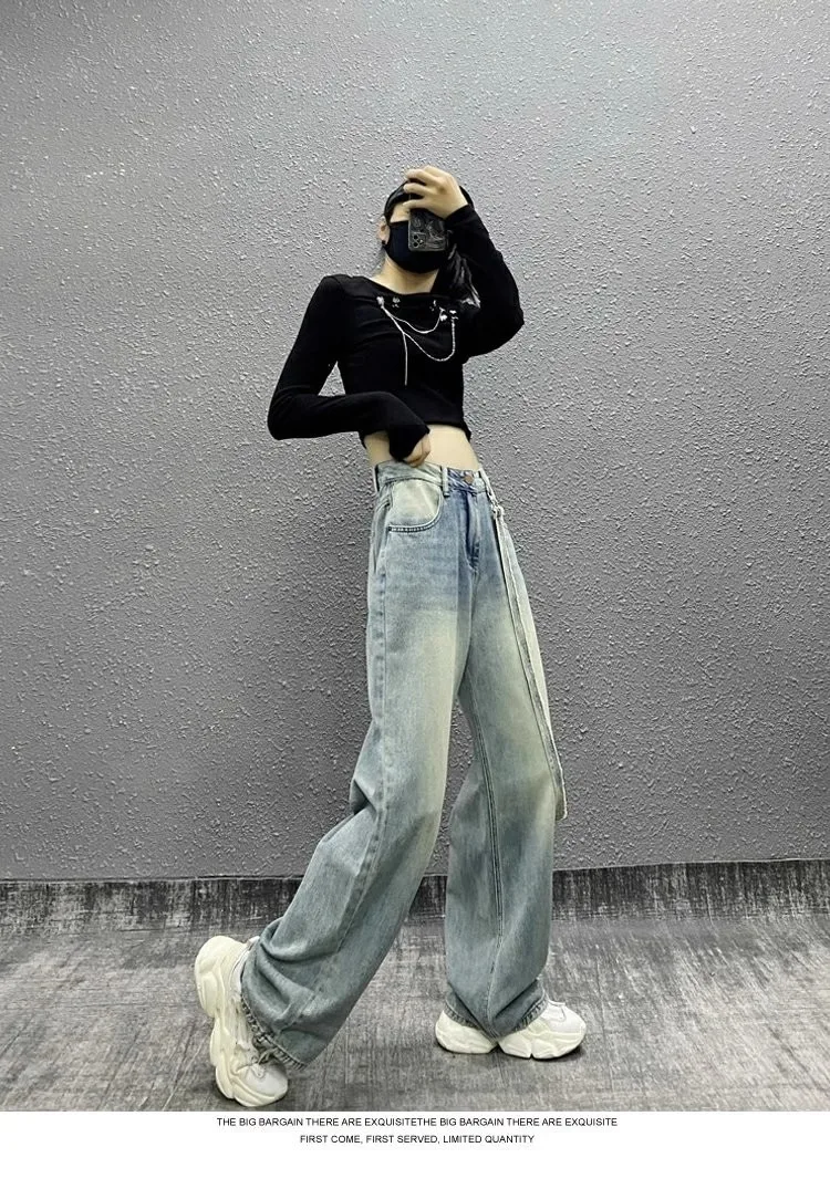 Vintage High Waist Women Jeans Streetwear Pocket Patchwork Wide Leg Jean Female Denim Trouser Straight Baggy Pants Feamle Y2K