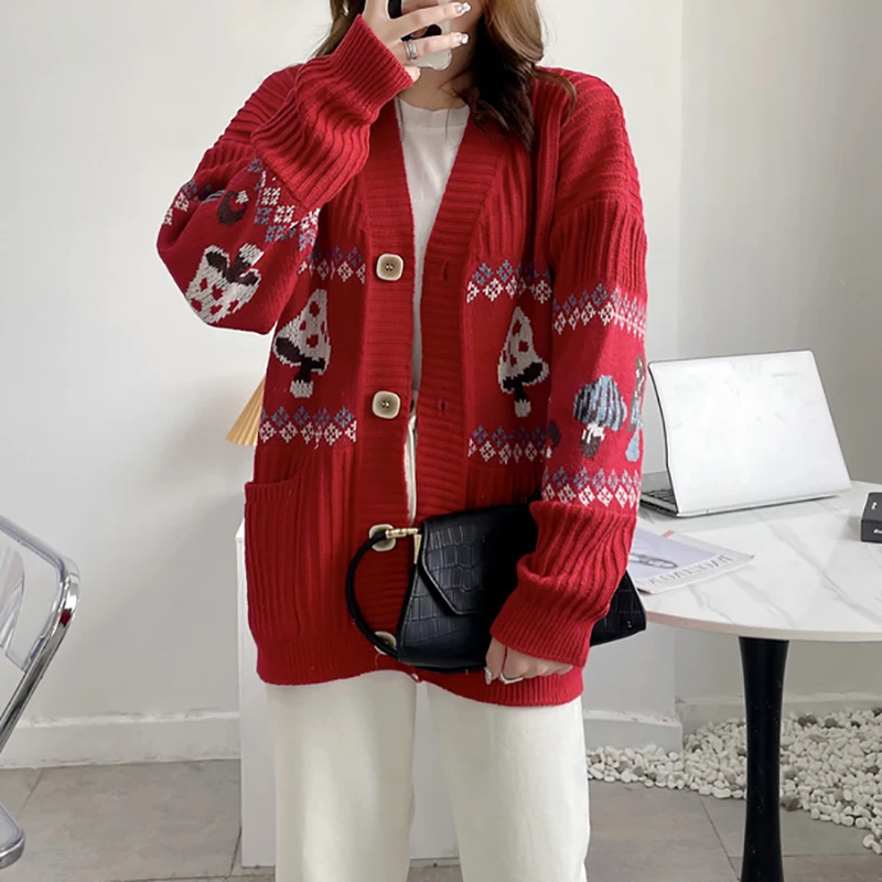 

ITOOLIN Women's Thick Knitted Sweater Cardigan Jacket Loose Casual Embroidered V-neck Button Long Sleeved Knitted Sweater