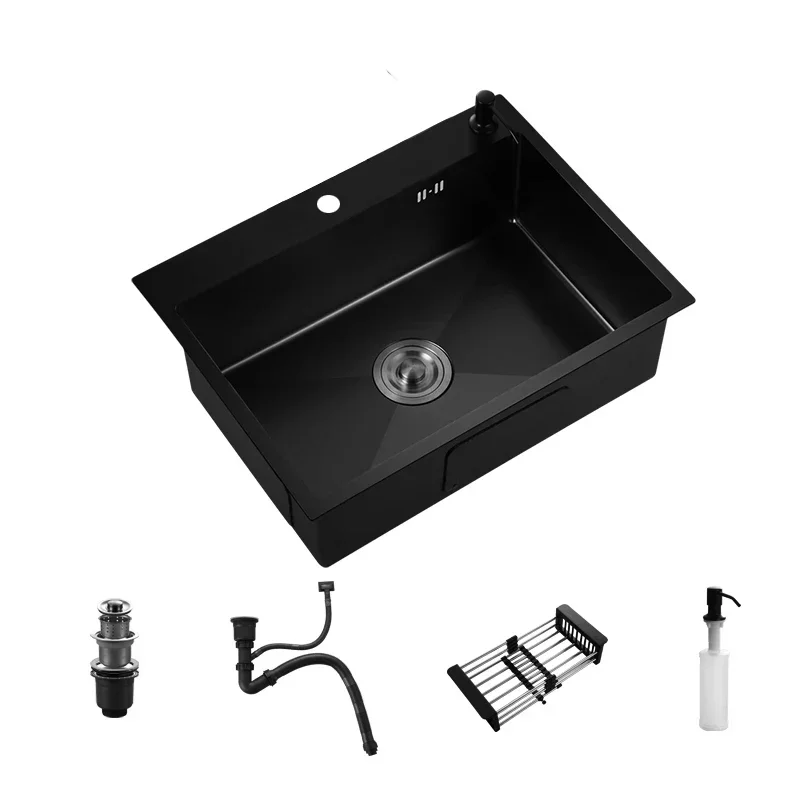 

304 Stainless Steel Kitchen Sink Topmount Single Bowl DarkGray Wash Basin For Home Fixture With Kitchen Faucet Drain Accessories