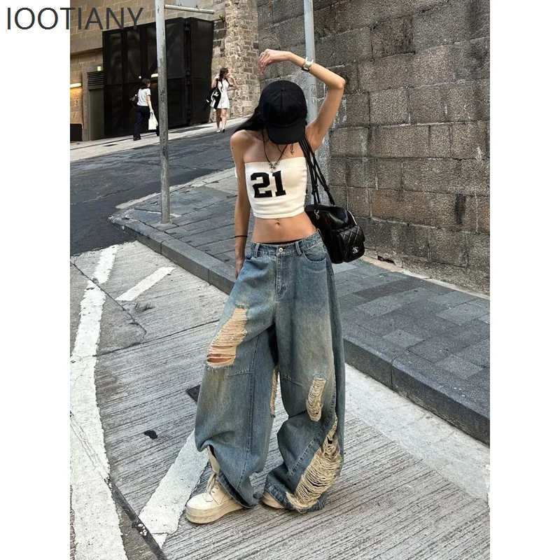 

Женские потертые джинсы в американском стиле, летняя уличная одежда Y2k, широкие брюки в стиле хип-хоп с высокой талией, 2026, новые повседневные свободные джинсы
