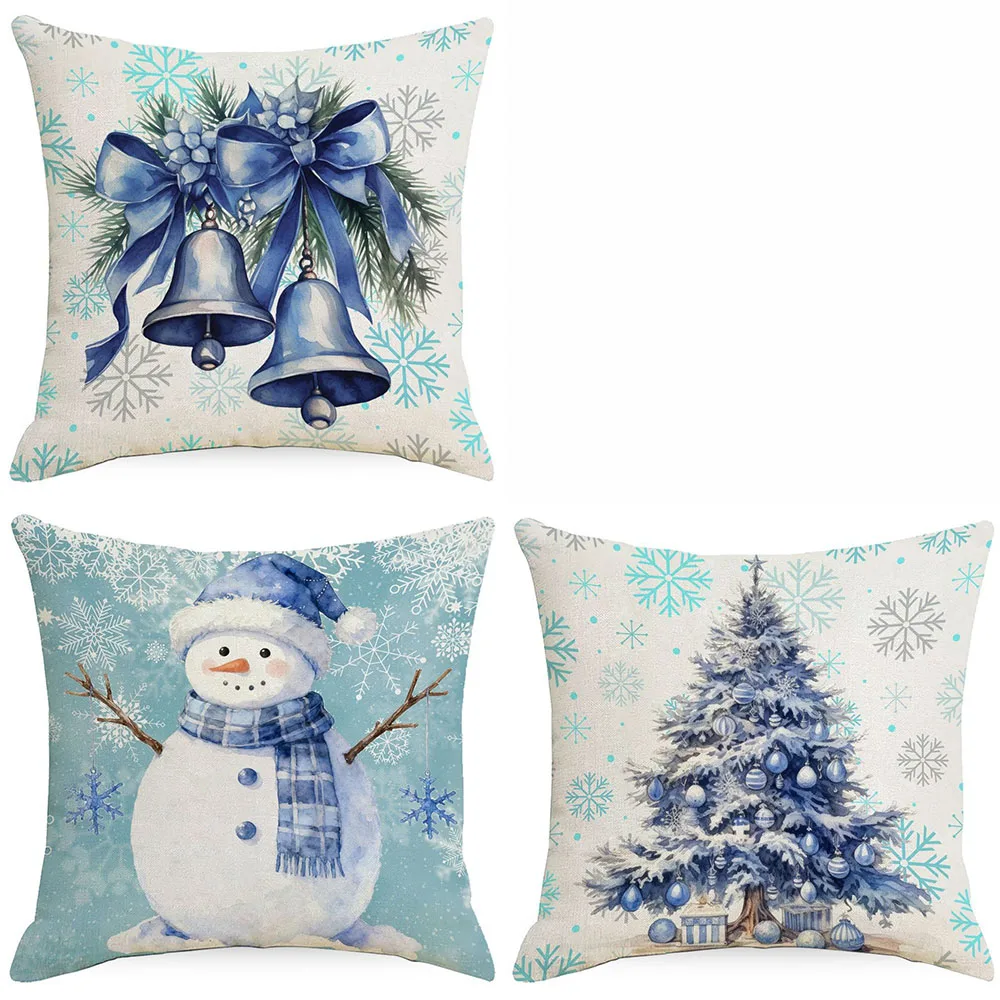 Christmas Pillow Cover Blue Snowman Christmas Tree Linen Cushion Cover Decorative Throw Pillowcase Winter Home Sofa Couch Decor