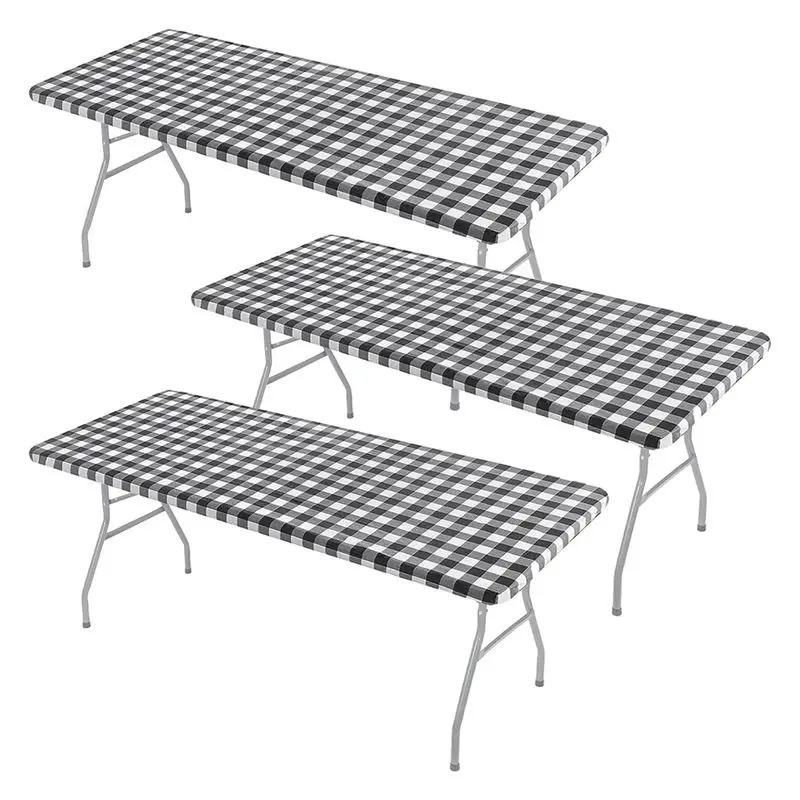 A60F-3 Pcs Tablecloth For Table,Stretch Waterproof Elastic Vinyl Picnic Table Cover With Flannel Backed Lining (Black)