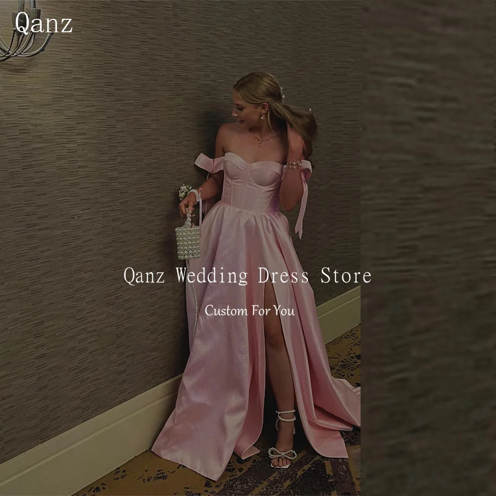 

Qanz Pink Evening Dresses Woman Elegant Long A Line Satin Off The Shoulder Vestidos De Fiesta High Slit Formal Dress Customized
