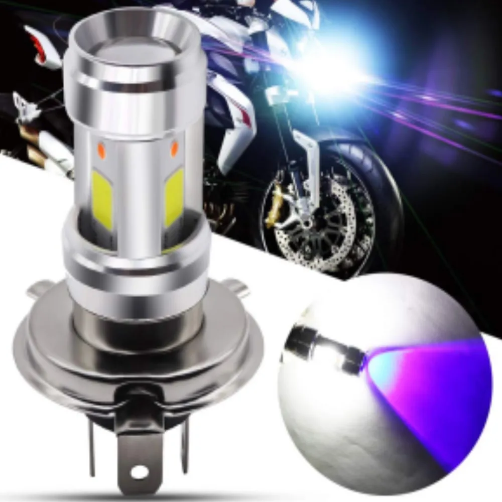 H4 BA20D LED Motorcycle Headlight Bulb COB Chip LED Glass Lens White+Blue Light Lamp Hi-Lo Beam for Motorcycle DC 9-18V.