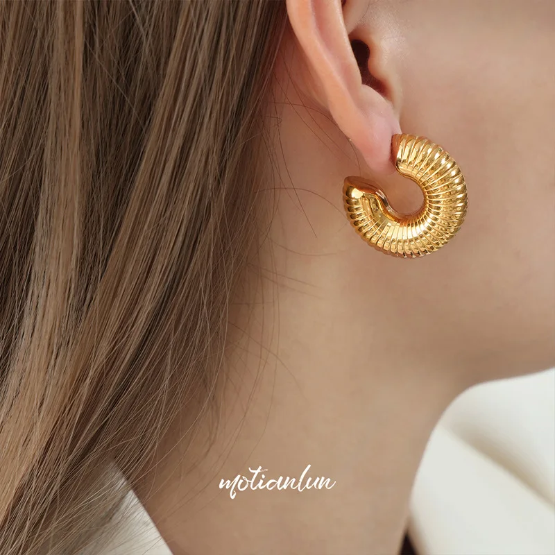 Whose Thread Wide Exaggerated Titanium Steel Gold Plated Earrings For Women