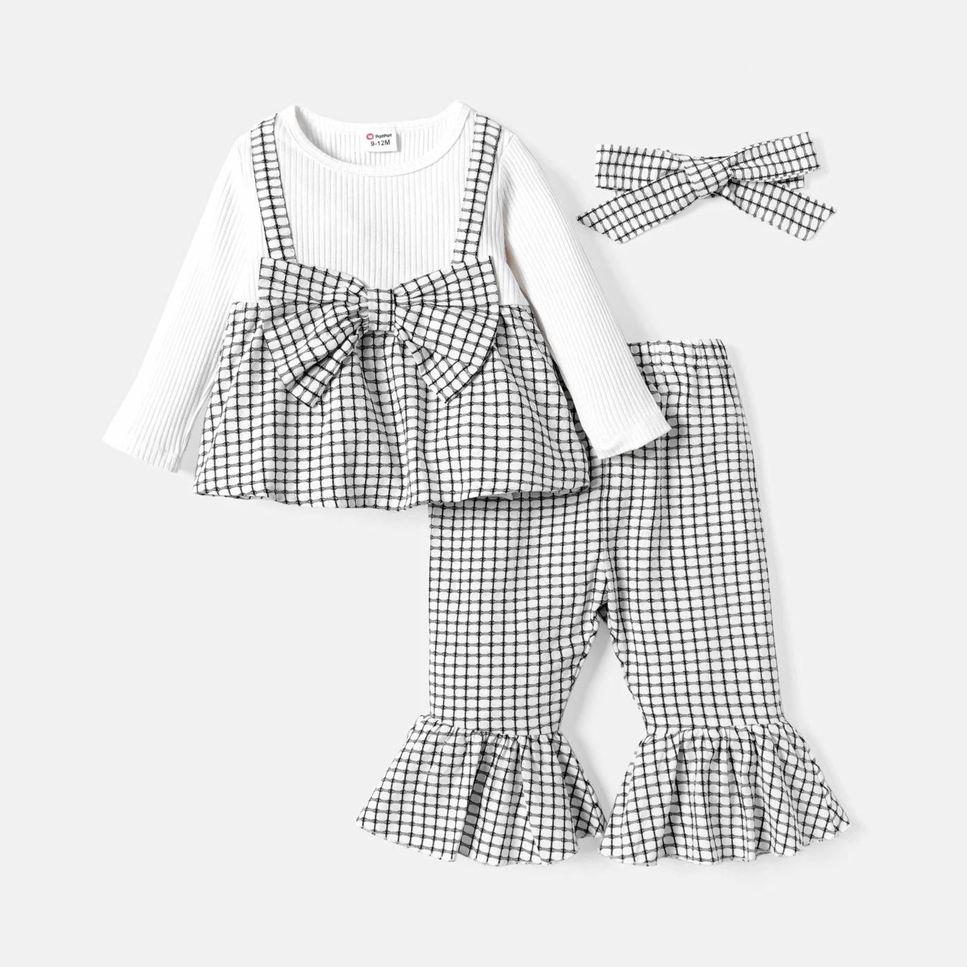 

PatPat 3pcs Baby Girl Solid Cotton Ribbed Long-sleeve Faux-two Gingham Print Bow Front Top and Flared Pants & Headband Set