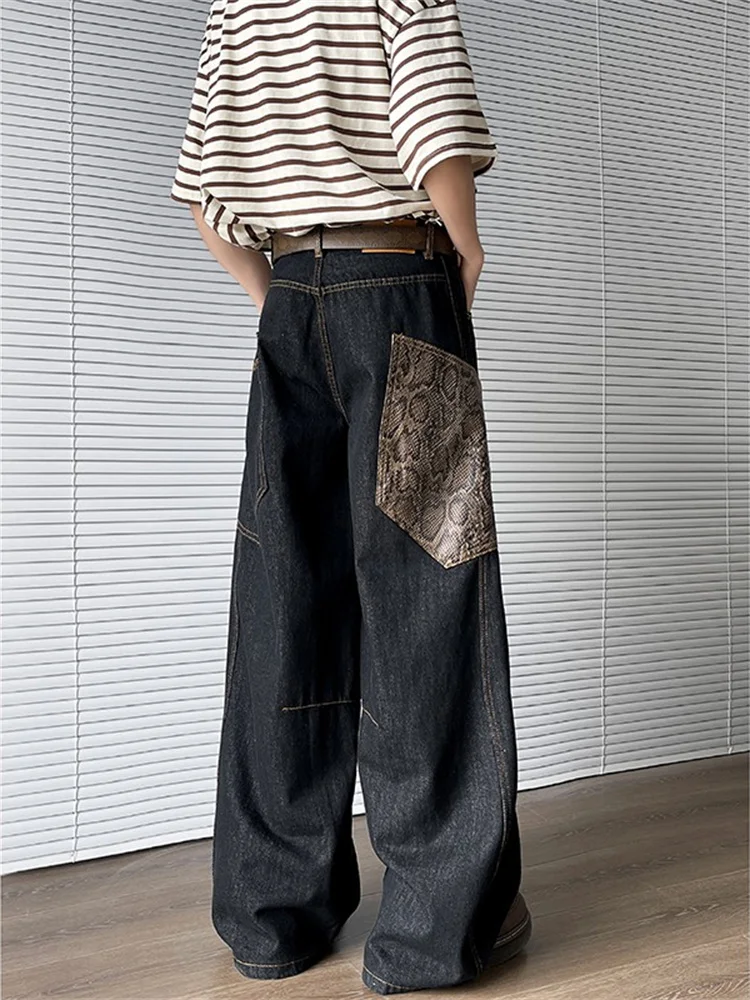 

American Style A-Line Knife Denim Pants Men's Python Print Large Pocket Design Loose Wide Leg Jeans Casual Straight Cut