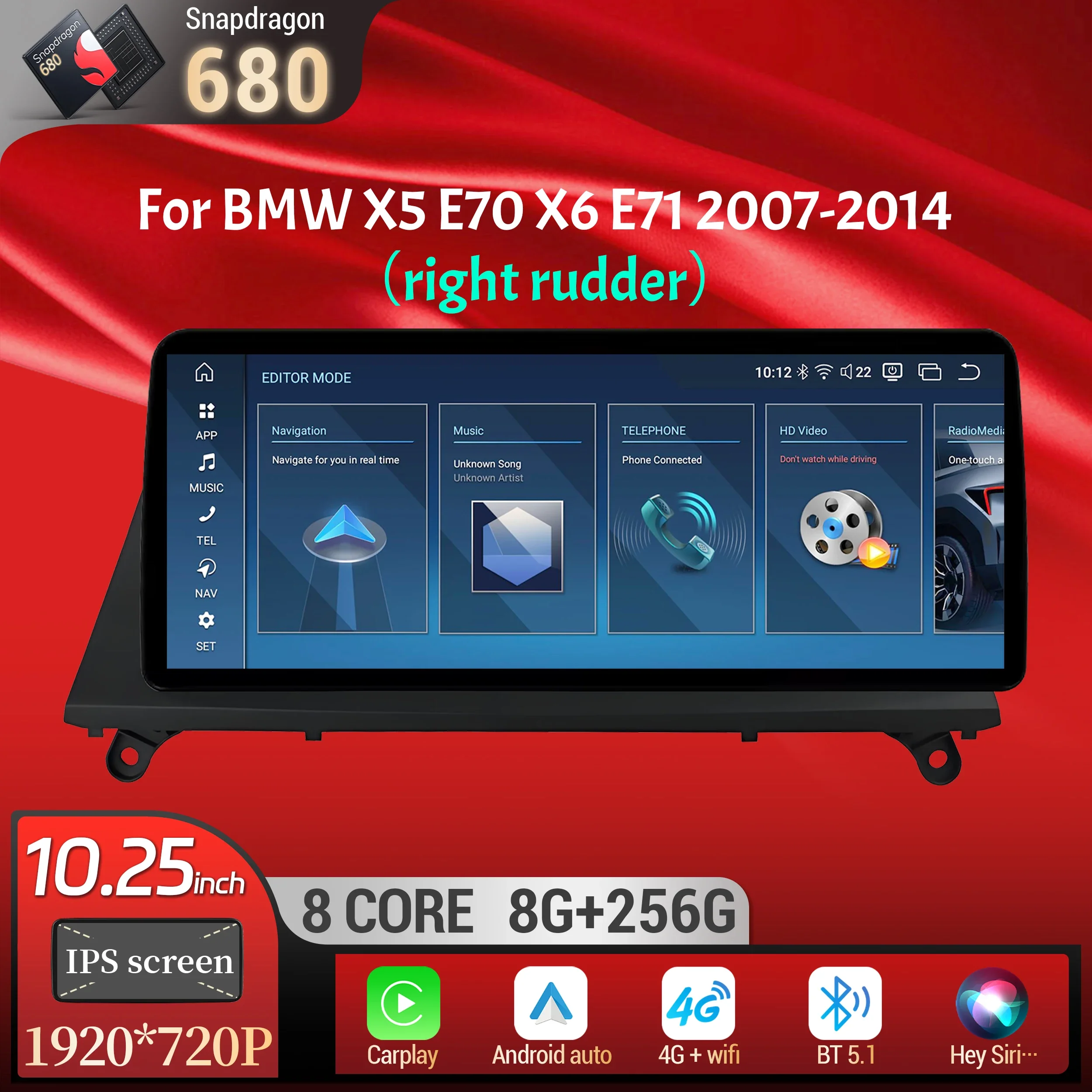 

10.25 inch Right Hand Drive Android 13 For BMW X5 E70 X6 E71 2007-2014 Car Radio Wireless BT Carplay Snapdragon 680 Touch Screen