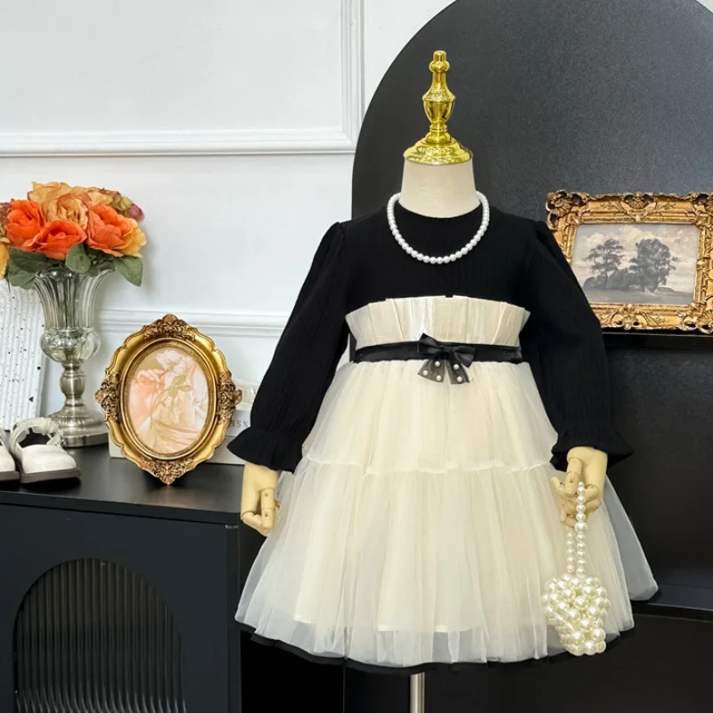

Girls' Dress2025Autumn New Hepburn Style Bow Design High-end Birthday Dress Fashionable Princess Dress