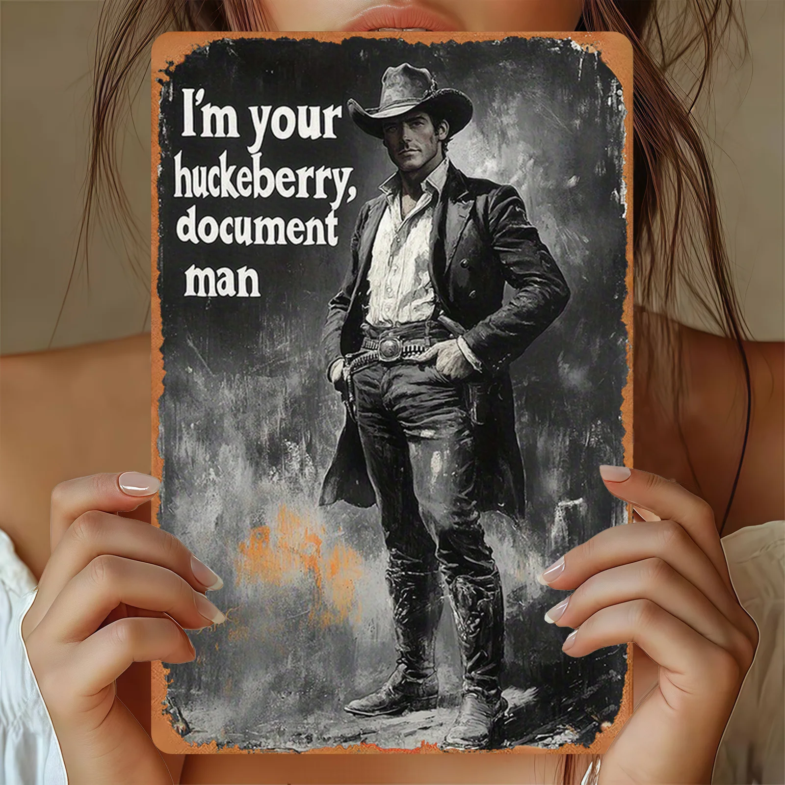 Plaque métallique vintage style affiche de film des années 80 - « I'm Your Huckleberry, Document Man » Décoration artistique western rétro avec trous pré-percés
