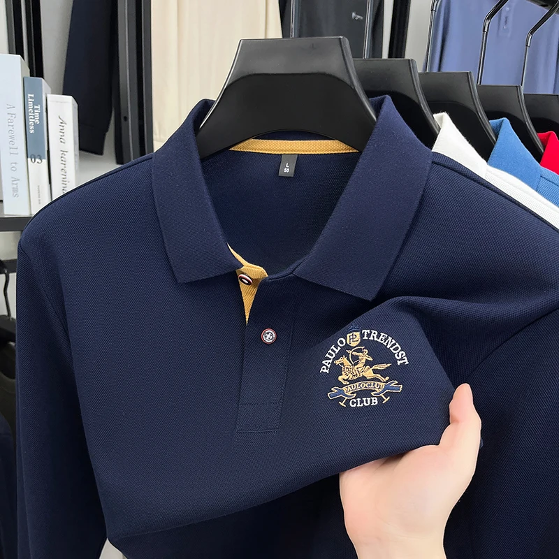 High-End Man Original Long-Sleeved Polo Shirt Lapel British Style Delicate Embroidery Hot Autumn New Tops Business Mens Clothing