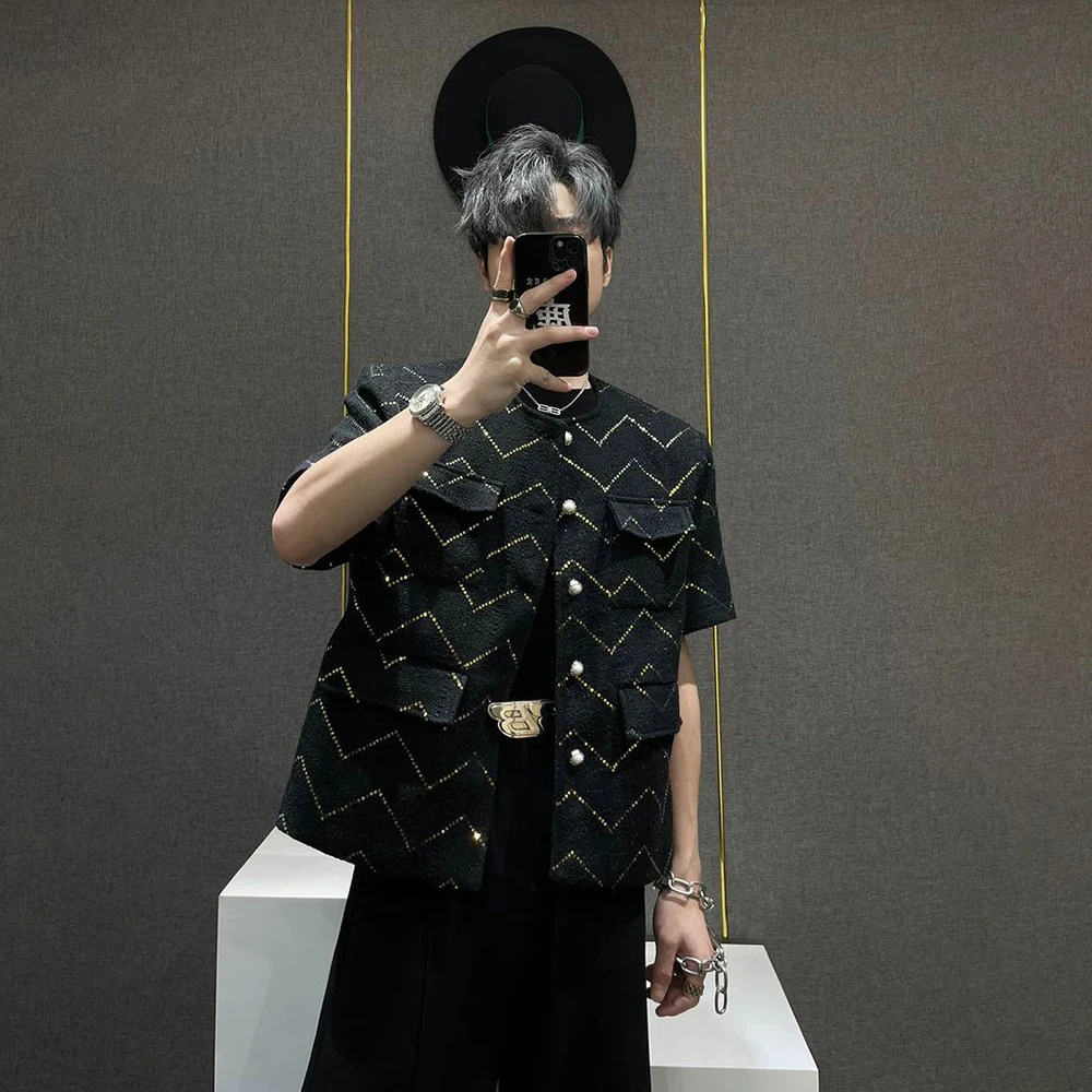 

Men's Sequined Short-Sleeved Jacket French Light Luxury Fashion Trend Leisure Loose Breathable Unisex Niche Summer Men's Tops