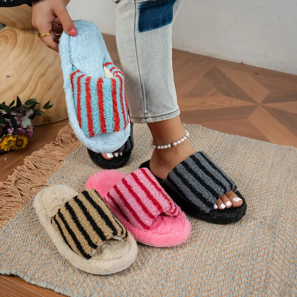 Striped Women's Slide Slippers EVA Outsole Anti Slip Faux Lamb Fleece Slippers Flannel Lining Soft Sole Open Toe Slippers