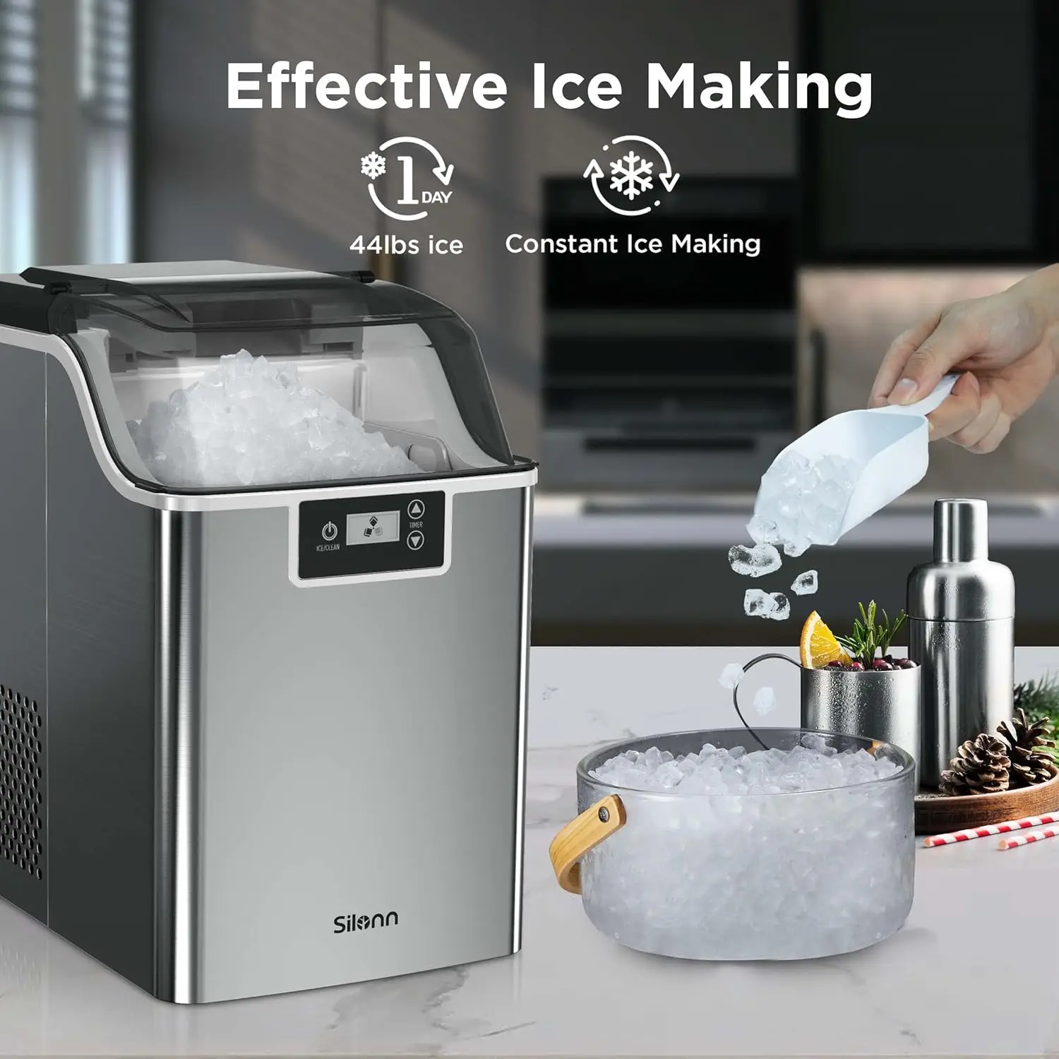 Compact Nugget Ice Maker，44lbs/Day Pellet Ice Maker Machine with Timer & Self-Cleaning Function, Portable Countertop Ice Maker