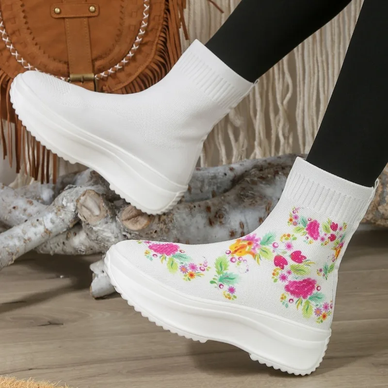 Ladies Shoes 2023 Fashion Sleeve Women's Boots Autumn Round Toe Mixed Colors Shoes Ladies Short Barrel Platform Elastic Boots