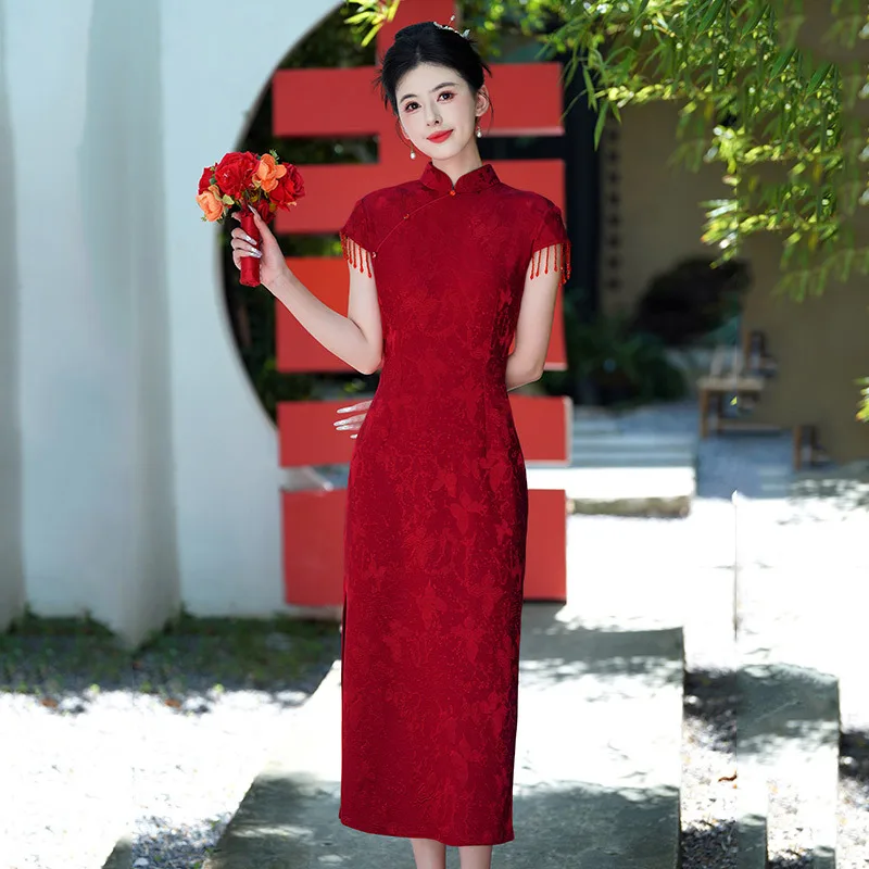 

Новое красное платье Qipao в китайском стиле, новинка 2025, облегающее темпераментное свадебное платье Cheongsam для девочек, длинное Qipao