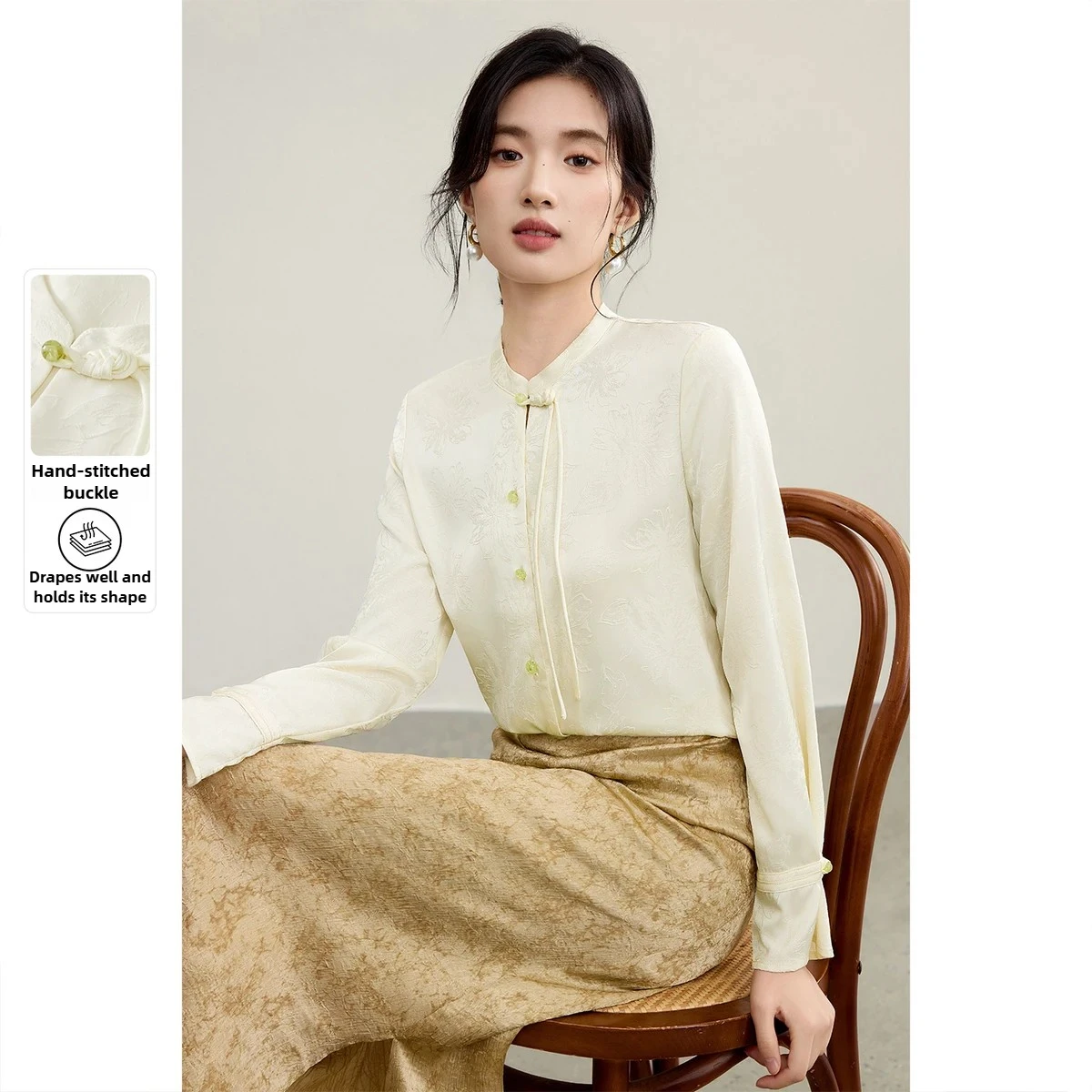 

SENTUBILA Women's Chinese Style Blouses 2025 Autumn Mandarin Collar Single Breasted Shirt Elegant Office Ladies Wear 153CA3227X