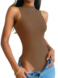YUZHEXI women basic rib knit sleeveless bodysuit o neck skinny coffee tops one-pieces