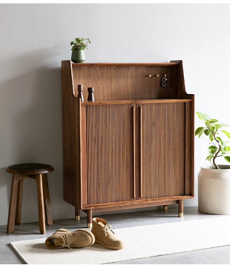 

Nordic Light Luxury Black Walnut Solid Wood Porch Shoe Cabinet Modern Minimalist Living Room Large Capacity Locker