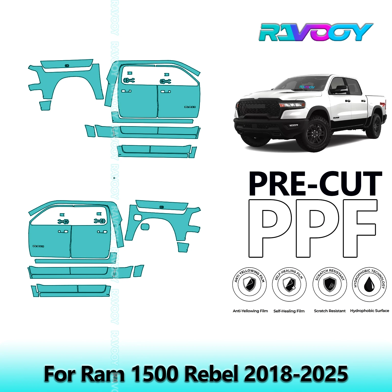

For Ram 1500 Rebel 2018-2025 8.5mil Clear Matte Pre-Cut PPF Door & A/B Pillar Kit TPU Paint Protection Film Set