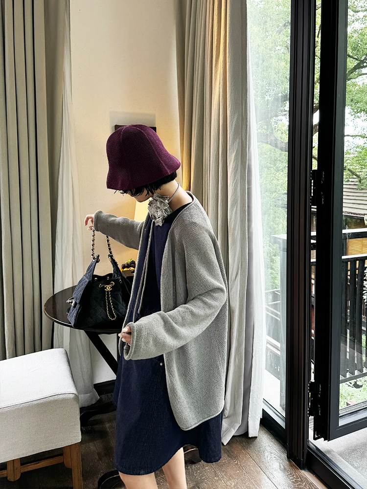 

Lightweight Summer round Ne Knitted Linen Open Cardigan Women's Slim Fit Versatile Sle Pure Color Long Sve Button up