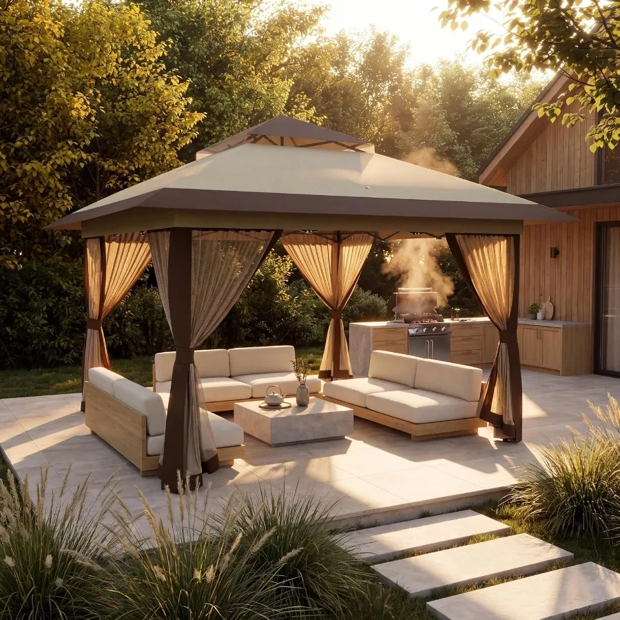 Pop Up Gazebo Canopy Tent with Mesh Netting, Beige and Coffee