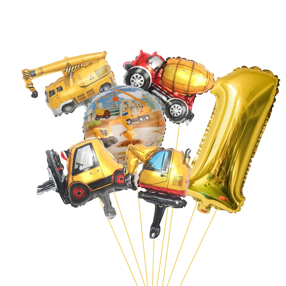 7-teiliges Karton-Ballon-Set für Baufahrzeuge mit 32-Zoll-Gold-Zahlenballon für Geburtstagsparty-Dekoration mit Baumotiv für Jungen – Detail 1
