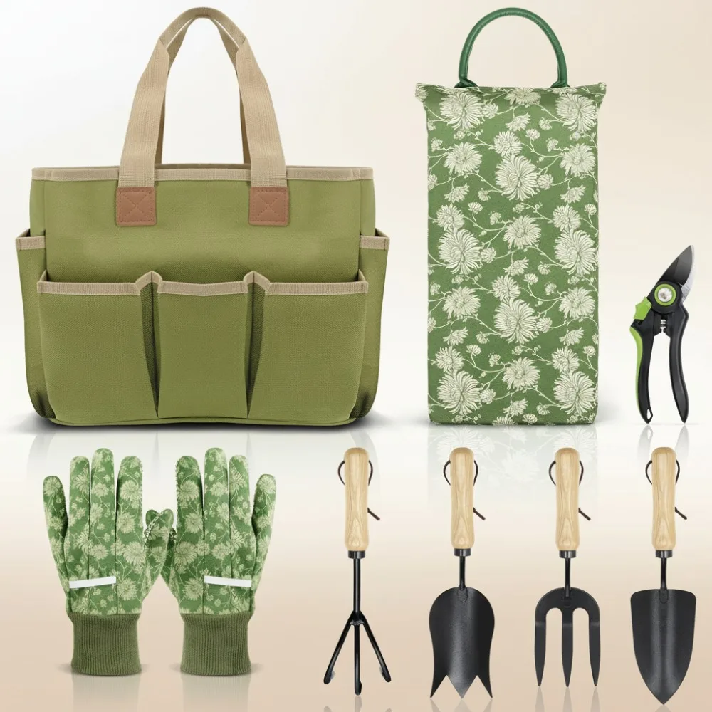 

8-Piece Heavy Duty Garden Tools Set with Wooden Handle, Tote Bag & Kneeling Pad - Perfect Gardening Gifts for Women & Men